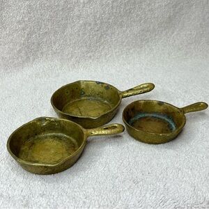 Vintage Solid Cast Brass Dollhouse Pans Set of 3 VTG Retro Toys Dolls Kitchen